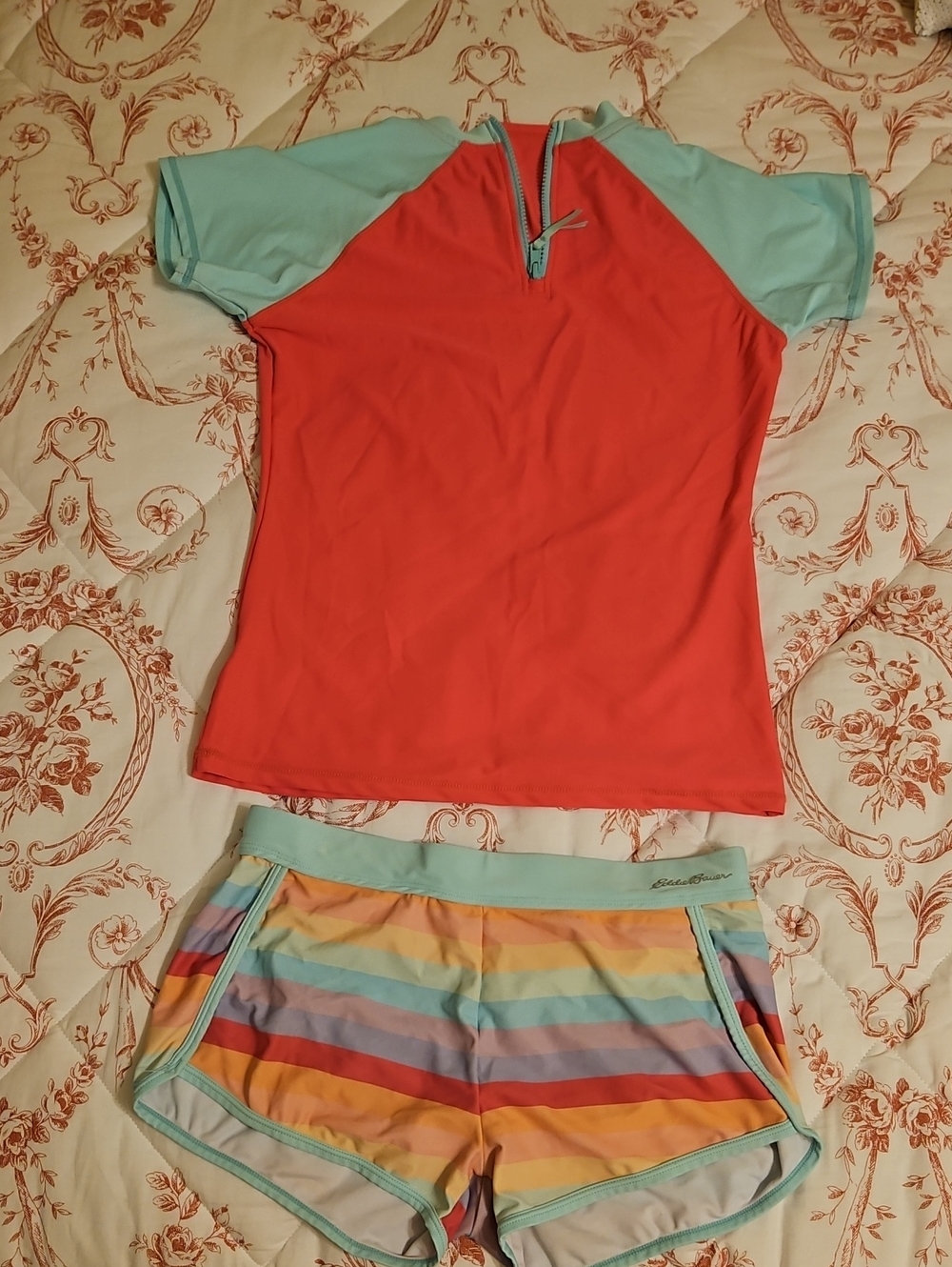 Eddie Bauer Pink and Green Bathing Suit Shirt/Top And Bottoms. #290